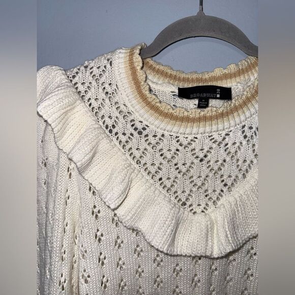 Broadway 38 Cream Ruffle Yoke Pointelle Knit Sweater Size M EUC - Picture 3 of 9